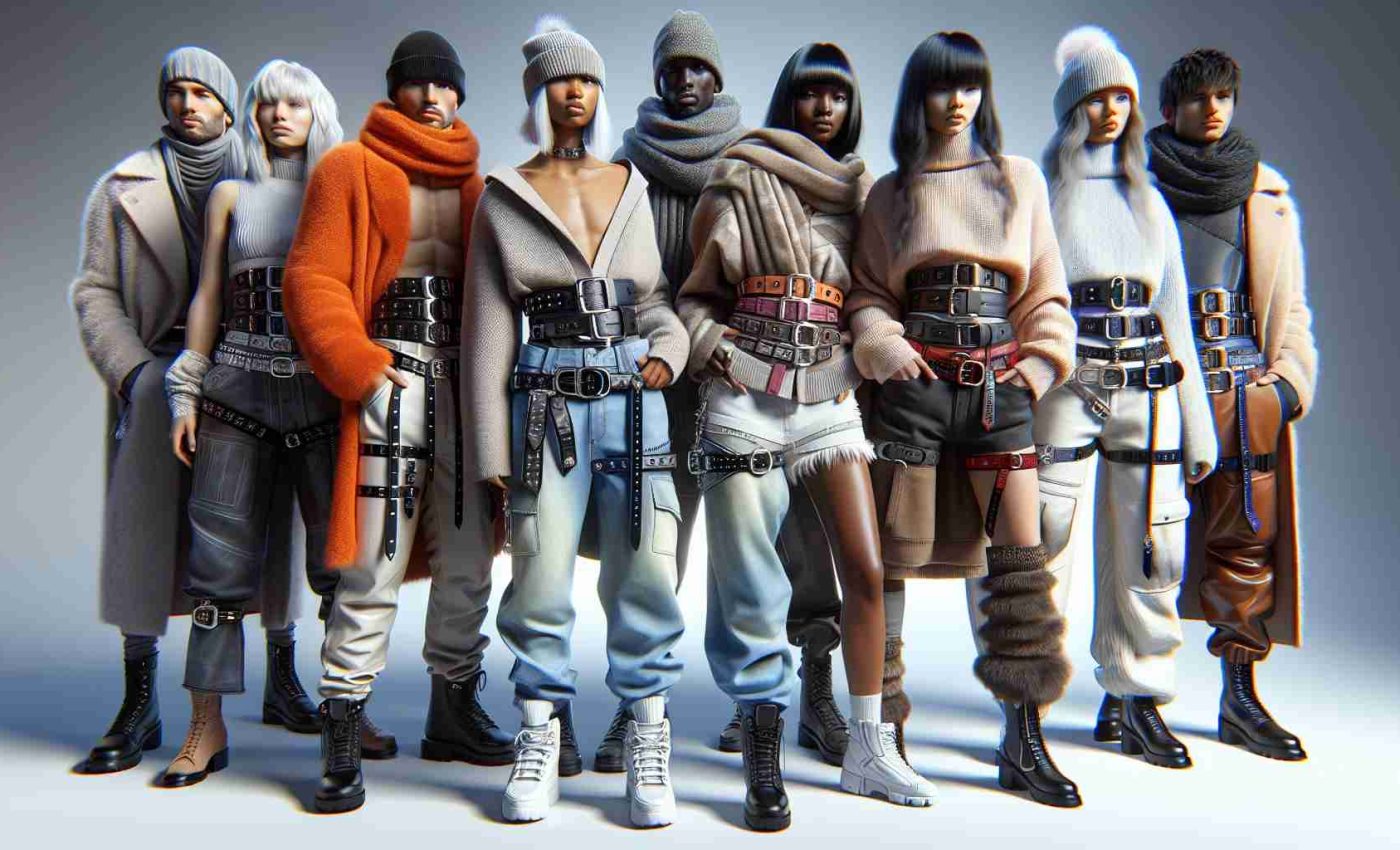 High-definition, realistic image showcasing winter fashion trends from the year 2024. Notably, the fashion scene is dominated by the rise of statement belts. The scene captures a few individuals of diverse descents and genders, each styled in different winter outfits. The statement belts they wear are eye-catching, contrasting in color and size, and varied in materials. Their overall attire reflects the innovation and style that defines this time period's fashion.