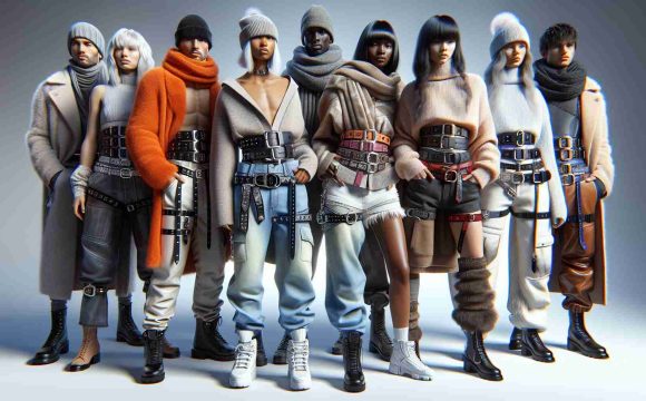 High-definition, realistic image showcasing winter fashion trends from the year 2024. Notably, the fashion scene is dominated by the rise of statement belts. The scene captures a few individuals of diverse descents and genders, each styled in different winter outfits. The statement belts they wear are eye-catching, contrasting in color and size, and varied in materials. Their overall attire reflects the innovation and style that defines this time period's fashion.