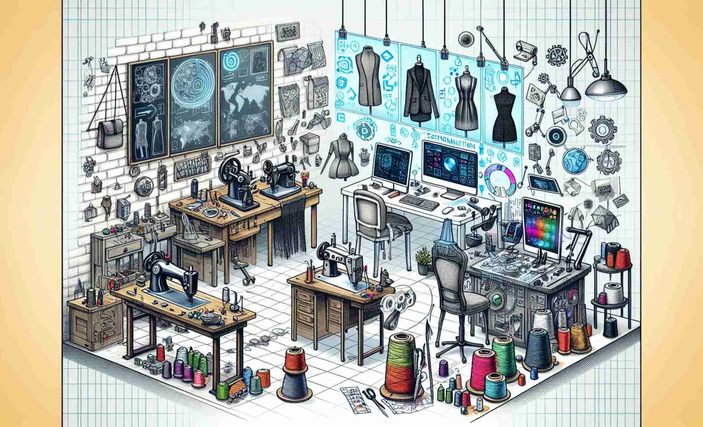 Visual representation of the transformation of the fashion industry through technological advancements. Picture a traditional tailor's shop with hand-drawn designs, sewing machines, and thread spools transitioning into a modern design studio. On the modern side, draw digital screens showcasing 3D designs, robotic sewing machines, and virtual reality headsets for immersive design. Also, include digital fabric printers and sustainability technology like textile recycling. Ensure the image is highly detailed and in realistic HD quality.