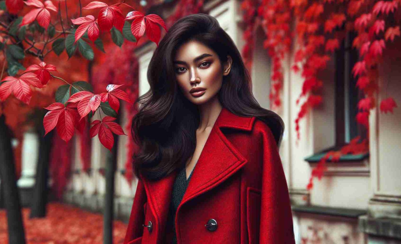 Craft a high-definition, photorealistic image that evokes the freshness of autumn. Imagine a South-Asian woman with long, dark hair, donned in fashionable attire. Her outfit is accentuated by a bold red coat that stands out in the fall landscape. With the vivid hues of autumn leaves in the background, she strikes an elegant pose, showcasing the versatility of the coat. Capture the texture of materials, the uniqueness of design, and the contrast of colors to emphasize the style and boldness of the look.