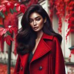 Craft a high-definition, photorealistic image that evokes the freshness of autumn. Imagine a South-Asian woman with long, dark hair, donned in fashionable attire. Her outfit is accentuated by a bold red coat that stands out in the fall landscape. With the vivid hues of autumn leaves in the background, she strikes an elegant pose, showcasing the versatility of the coat. Capture the texture of materials, the uniqueness of design, and the contrast of colors to emphasize the style and boldness of the look.