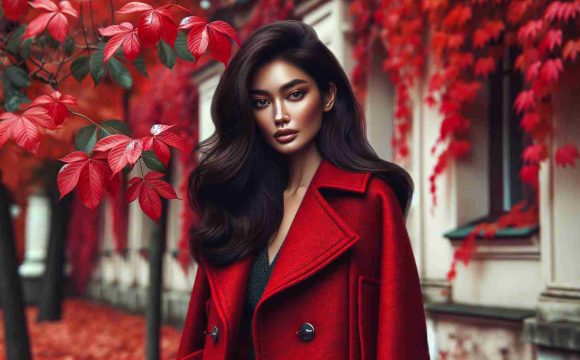 Craft a high-definition, photorealistic image that evokes the freshness of autumn. Imagine a South-Asian woman with long, dark hair, donned in fashionable attire. Her outfit is accentuated by a bold red coat that stands out in the fall landscape. With the vivid hues of autumn leaves in the background, she strikes an elegant pose, showcasing the versatility of the coat. Capture the texture of materials, the uniqueness of design, and the contrast of colors to emphasize the style and boldness of the look.