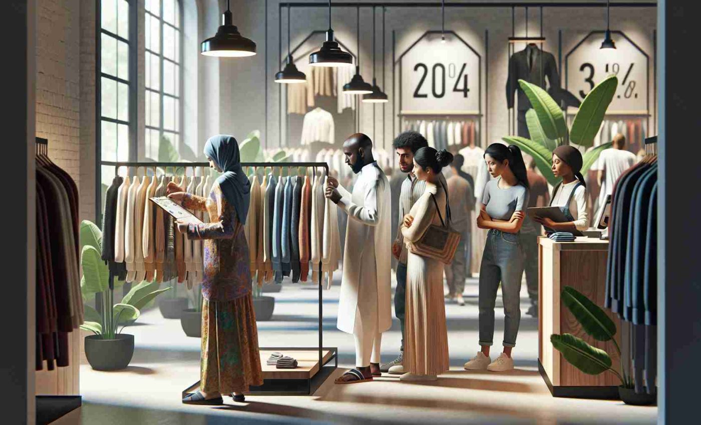 A realistic, high-definition image depicting a scene of sustainable fashion exploration during the event of Black Friday in the year 2024. The frame should include various eco-friendly clothing items displayed on racks. People of diverse descents and genders are scrutinizing and appreciating the clothes. Captured in the shot, a South Asian female customer is checking the details of a garment while a Middle Eastern male shopper is comparing two different eco-sustainable items. An African descent cashier is seen on the side, ready to assist with the purchases.