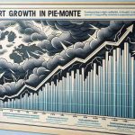 Show a detailed illustration of an upward-trending line graph, labeled with the title 'Export Growth in Piemonte'. The graph showcases rising profits despite challenging global conditions, represented by dotted lines of stormy weather lurking in the background. Display explicit labels for the x-axis (time) and the y-axis (profit) of the graph, and use colors like blue for the growth line and dark grey for the storms to highlight the contrast.