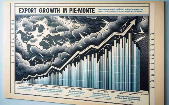 Show a detailed illustration of an upward-trending line graph, labeled with the title 'Export Growth in Piemonte'. The graph showcases rising profits despite challenging global conditions, represented by dotted lines of stormy weather lurking in the background. Display explicit labels for the x-axis (time) and the y-axis (profit) of the graph, and use colors like blue for the growth line and dark grey for the storms to highlight the contrast.