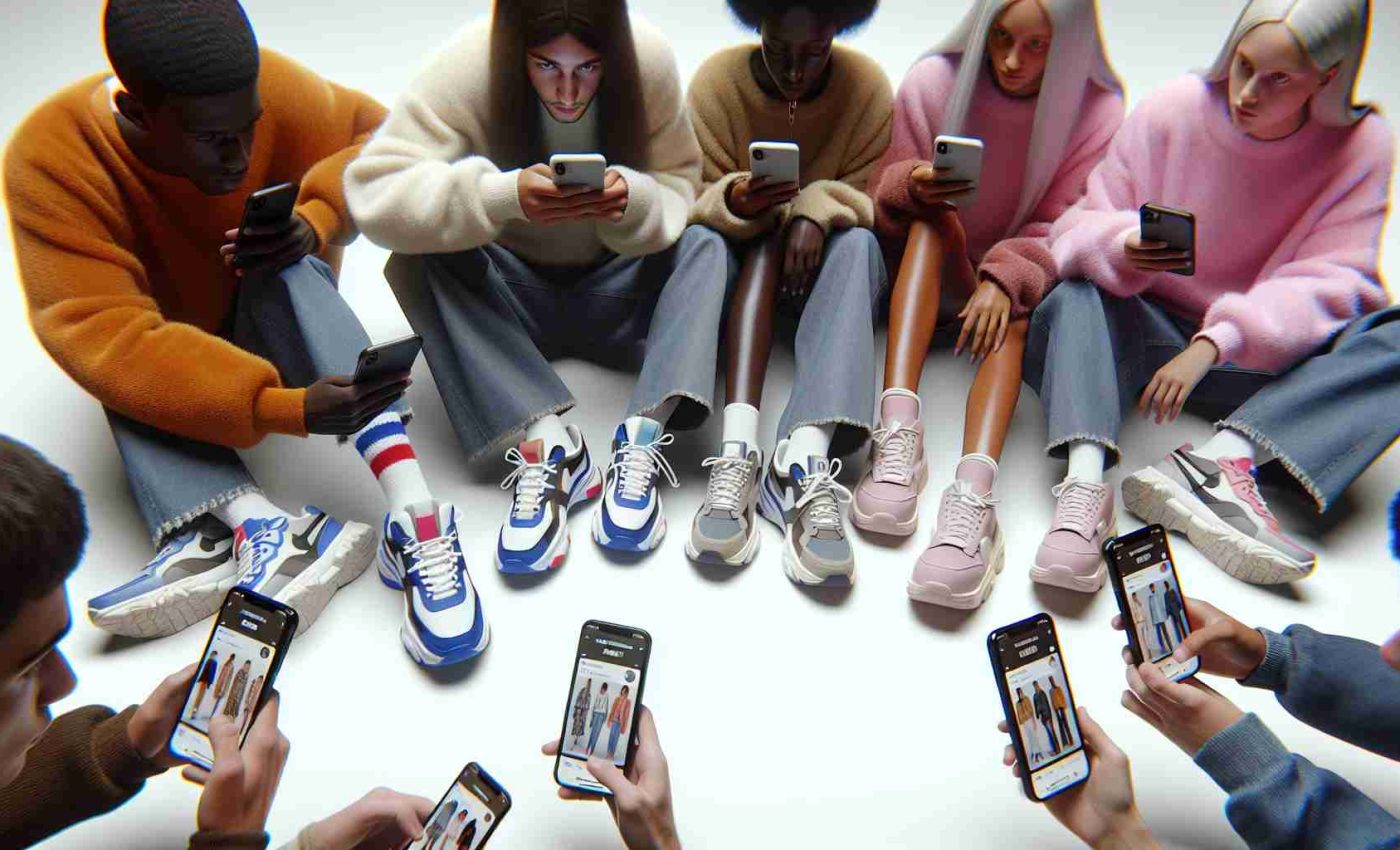 A high-definition, photorealistic image displaying the influence of social media on fashion trends. It portrays teenagers of different genders and descents such as Middle-Eastern, Black, and White, each on their phones. They are browsing various outfit posts on a popular social media platform. Their fashion styles mirror the outfits on their screens, showcasing current popular trends such as chunky sneakers, wide-legged trousers, and pastel color palette.