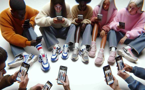 A high-definition, photorealistic image displaying the influence of social media on fashion trends. It portrays teenagers of different genders and descents such as Middle-Eastern, Black, and White, each on their phones. They are browsing various outfit posts on a popular social media platform. Their fashion styles mirror the outfits on their screens, showcasing current popular trends such as chunky sneakers, wide-legged trousers, and pastel color palette.