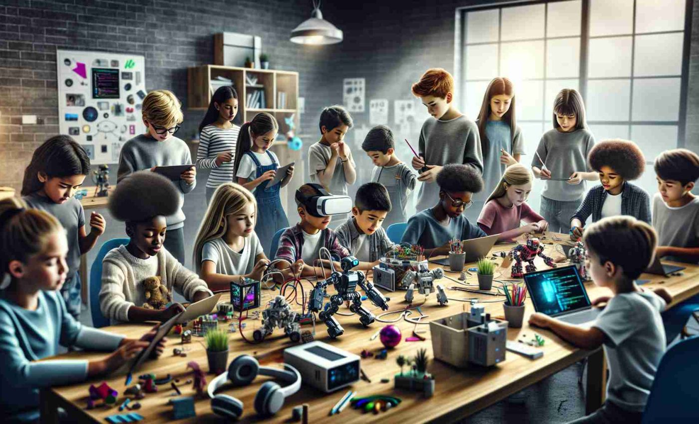 A high-definition, realistic image of a scene exemplifying 'Empowering Young Minds: Nurturing Creativity Through Technology'. In this scenario, a group of diverse children, boys and girls, from various descents such as Caucasian, Hispanic, Black, Middle-Eastern, and South Asian, are engaging with different technologies. They might be working together on a robotics project, experimenting with a virtual reality headset, learning coding on a computer, or sketching on a digital tablet. There is a sense of collaboration, creativity, and excitement in the room, symbolizing the power of technology in fostering creativity and inquisitiveness.