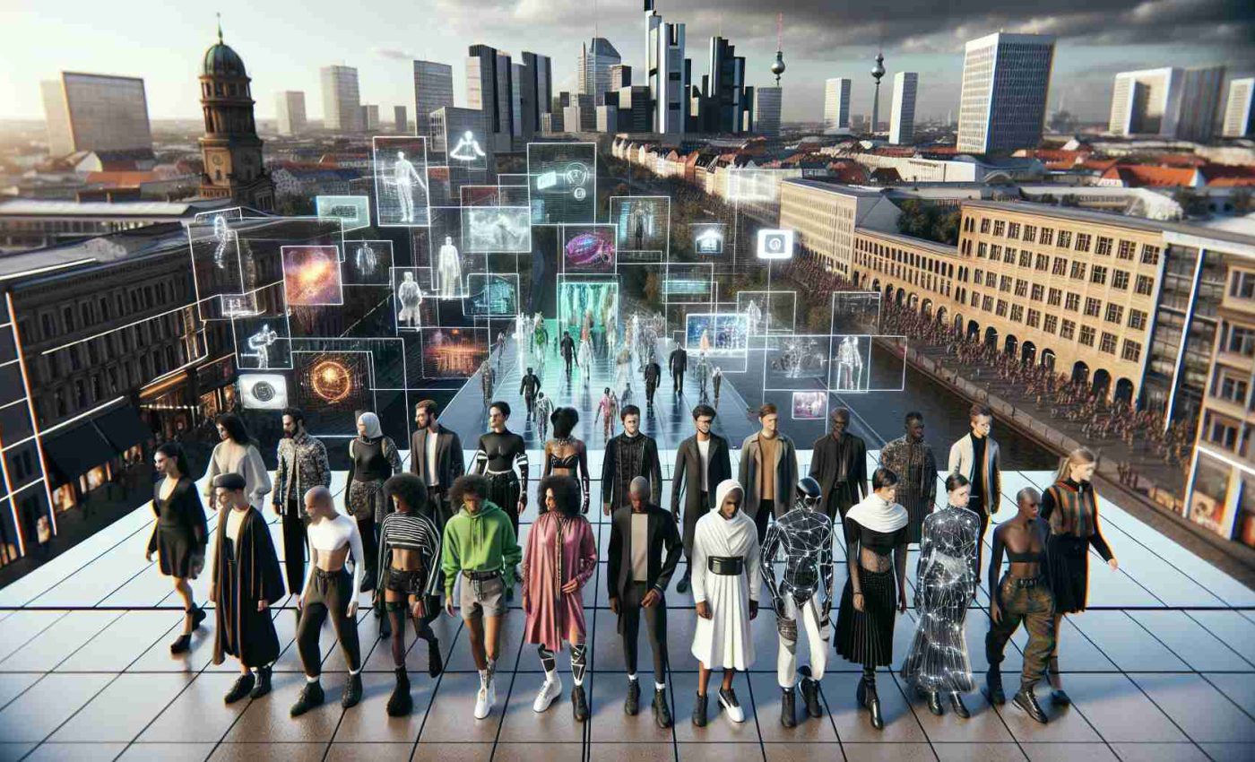 Imagine a detailed, high-definition photograph featuring a scene where fashion and technology intersect in the city of Berlin. The image displays an outdoor cityscape where futuristic-looking individuals of various genders and descents, from Middle-Eastern to South Asian, Caucasian to Black, are showcasing their cutting-edge techno-fashion ensembles. Throughout the scene, there are elements showcasing Berlin's unique architecture as a backdrop. Think self-lit clothing, interactive garments, accessories powered by wearable technology and smart fabrics blending seamlessly into the vibrant city life of Berlin.