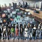 Imagine a detailed, high-definition photograph featuring a scene where fashion and technology intersect in the city of Berlin. The image displays an outdoor cityscape where futuristic-looking individuals of various genders and descents, from Middle-Eastern to South Asian, Caucasian to Black, are showcasing their cutting-edge techno-fashion ensembles. Throughout the scene, there are elements showcasing Berlin's unique architecture as a backdrop. Think self-lit clothing, interactive garments, accessories powered by wearable technology and smart fabrics blending seamlessly into the vibrant city life of Berlin.