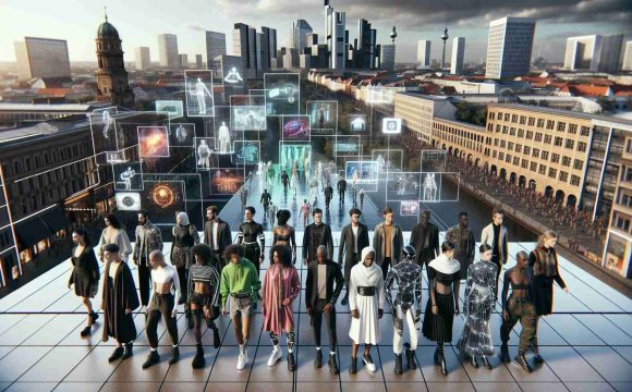 Imagine a detailed, high-definition photograph featuring a scene where fashion and technology intersect in the city of Berlin. The image displays an outdoor cityscape where futuristic-looking individuals of various genders and descents, from Middle-Eastern to South Asian, Caucasian to Black, are showcasing their cutting-edge techno-fashion ensembles. Throughout the scene, there are elements showcasing Berlin's unique architecture as a backdrop. Think self-lit clothing, interactive garments, accessories powered by wearable technology and smart fabrics blending seamlessly into the vibrant city life of Berlin.