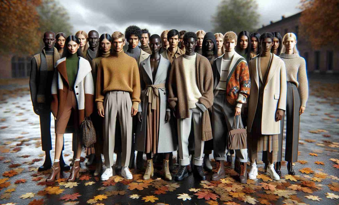 A high-definition, realistic image showcasing fashion trends for Autumn 2024. The image contains models of mixed gender showcasing outfits that represent the color palettes and themes anticipated for the season. Include males and females with different descents such as Caucasian, Hispanic, Black, Middle-Eastern, and South Asian, each appropriately attired in autumn fashion. Ensure an equal distribution of these diverse models to truly capture global trends. The scene should communicate the feeling of autumn with elements like fallen leaves, an overcast sky, and garments suitable for a mildly cold weather.