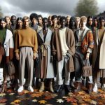 A high-definition, realistic image showcasing fashion trends for Autumn 2024. The image contains models of mixed gender showcasing outfits that represent the color palettes and themes anticipated for the season. Include males and females with different descents such as Caucasian, Hispanic, Black, Middle-Eastern, and South Asian, each appropriately attired in autumn fashion. Ensure an equal distribution of these diverse models to truly capture global trends. The scene should communicate the feeling of autumn with elements like fallen leaves, an overcast sky, and garments suitable for a mildly cold weather.