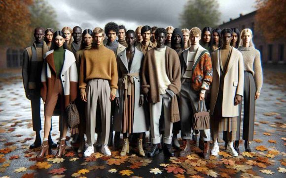 A high-definition, realistic image showcasing fashion trends for Autumn 2024. The image contains models of mixed gender showcasing outfits that represent the color palettes and themes anticipated for the season. Include males and females with different descents such as Caucasian, Hispanic, Black, Middle-Eastern, and South Asian, each appropriately attired in autumn fashion. Ensure an equal distribution of these diverse models to truly capture global trends. The scene should communicate the feeling of autumn with elements like fallen leaves, an overcast sky, and garments suitable for a mildly cold weather.