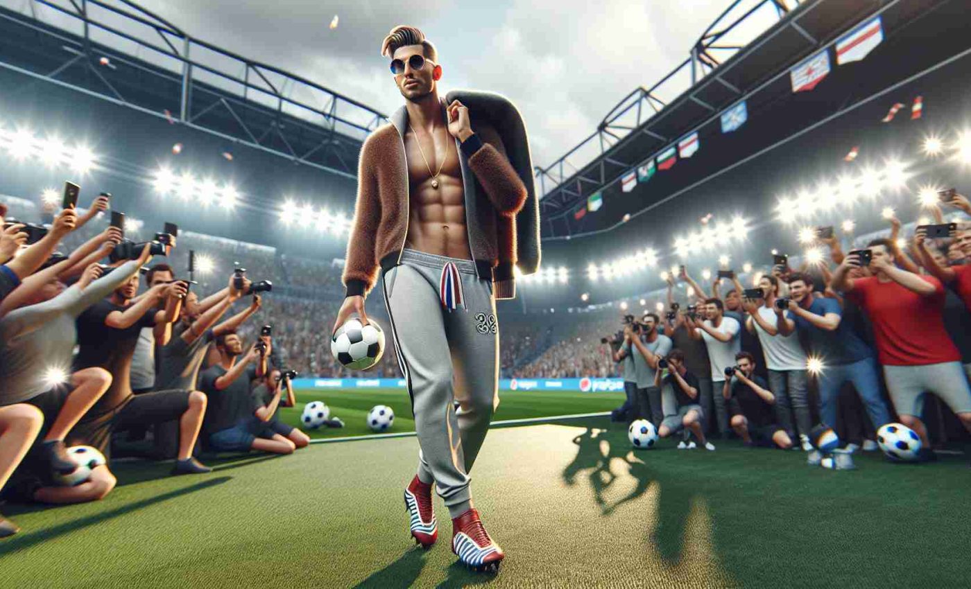 Ultra high-definition realistic snapshot of a new fashion icon flourishing from the sphere of soccer. Capture their charisma, athletic physique, stylish clothes that embody both sporty and chic vibes - perhaps a cool haircut, a unique pair of soccer boots, an attractive designer tracksuit, combined with some gorgeous high-end accessories, such as timepieces and sunglasses. The scene highlights them walking confidently off the field after a match, with a soccer stadium in the background, paparazzi flashbulbs reflecting off their attire, and adoring fans in awe of their style.