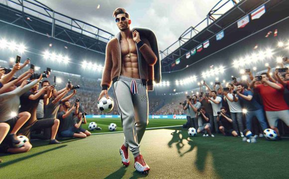 Ultra high-definition realistic snapshot of a new fashion icon flourishing from the sphere of soccer. Capture their charisma, athletic physique, stylish clothes that embody both sporty and chic vibes - perhaps a cool haircut, a unique pair of soccer boots, an attractive designer tracksuit, combined with some gorgeous high-end accessories, such as timepieces and sunglasses. The scene highlights them walking confidently off the field after a match, with a soccer stadium in the background, paparazzi flashbulbs reflecting off their attire, and adoring fans in awe of their style.