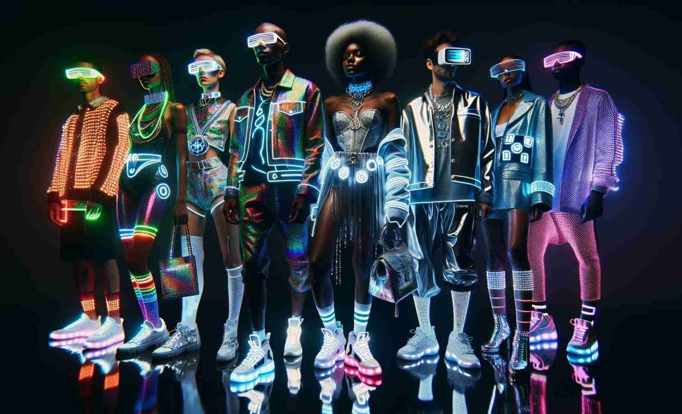 A vivid, high-definition image showing the trend of cyber fashion rising. Imagine individuals demonstrating their unique style through eccentric clothing, illuminated by neon lights. All the persons involved have their own distinct style that embraces the cyber aesthetic, including LED adornments, futuristic patterns, and glossy metallic textiles. Picture a diverse array of models, an African female model rocking light-up sneakers, an Asian male model flaunting a silver holographic jacket, a Caucasian female model carrying an LED-infused handbag, and a Middle-Eastern male model sporting VR goggles.