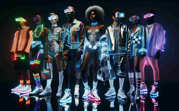 A vivid, high-definition image showing the trend of cyber fashion rising. Imagine individuals demonstrating their unique style through eccentric clothing, illuminated by neon lights. All the persons involved have their own distinct style that embraces the cyber aesthetic, including LED adornments, futuristic patterns, and glossy metallic textiles. Picture a diverse array of models, an African female model rocking light-up sneakers, an Asian male model flaunting a silver holographic jacket, a Caucasian female model carrying an LED-infused handbag, and a Middle-Eastern male model sporting VR goggles.