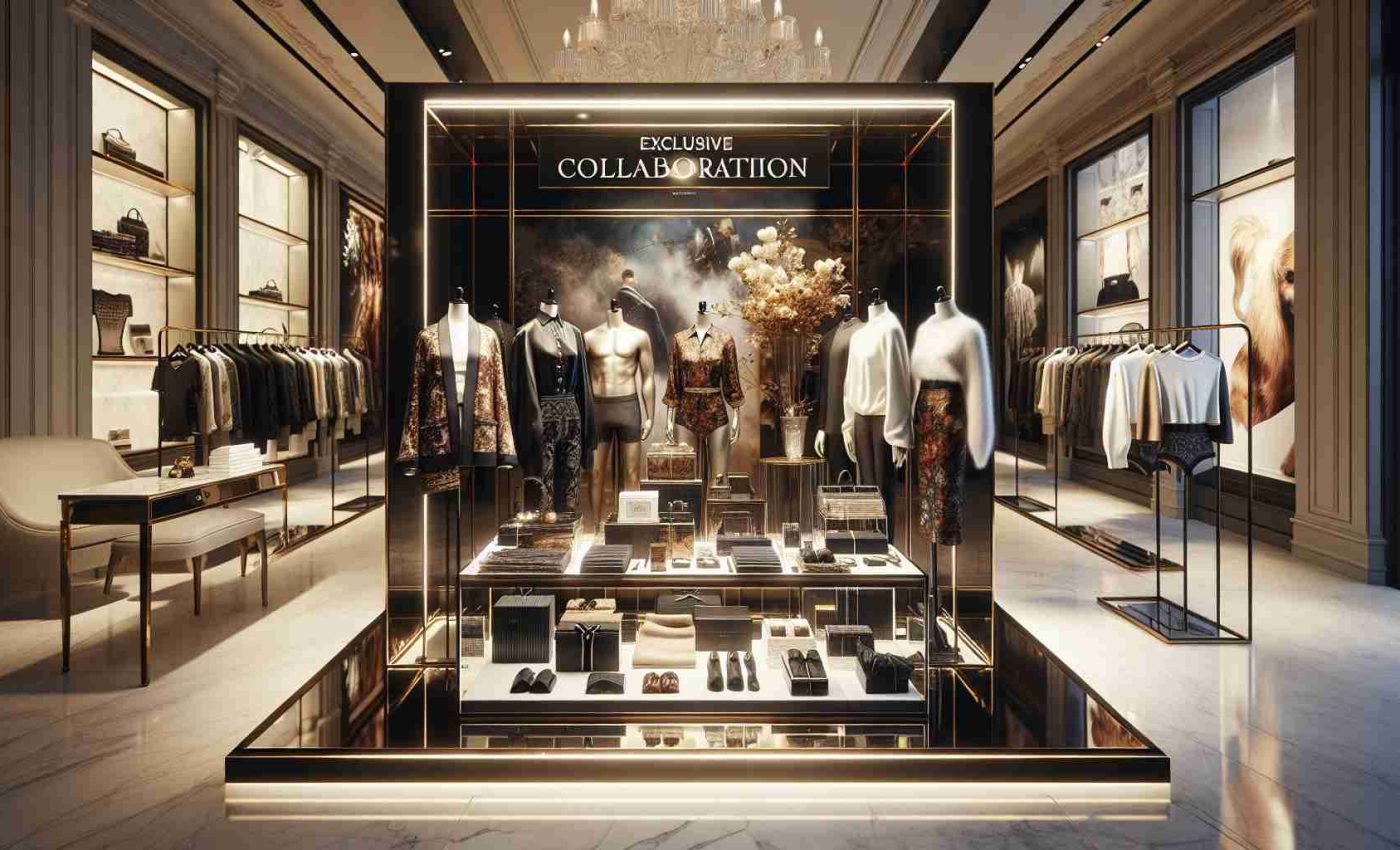 A high-definition, realistic image depicting an exclusive collaboration between two high-end fashion brands. The image features a lavish display filled with a distinctive range of clothing items and accessories. The style combines an Italian luxurious fashion vibe with a minimalist, innovative American shapewear soul. The products are arrayed on a glass showcase with strong spotlights, and the setting is in a chic, boutique store interior.