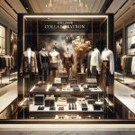 A high-definition, realistic image depicting an exclusive collaboration between two high-end fashion brands. The image features a lavish display filled with a distinctive range of clothing items and accessories. The style combines an Italian luxurious fashion vibe with a minimalist, innovative American shapewear soul. The products are arrayed on a glass showcase with strong spotlights, and the setting is in a chic, boutique store interior.