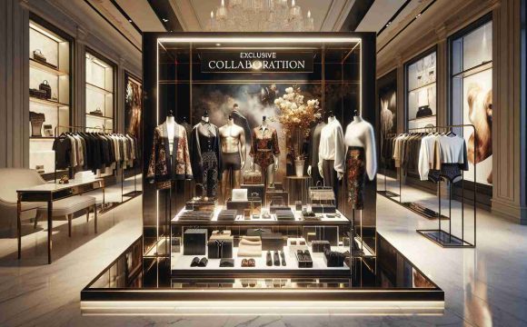 A high-definition, realistic image depicting an exclusive collaboration between two high-end fashion brands. The image features a lavish display filled with a distinctive range of clothing items and accessories. The style combines an Italian luxurious fashion vibe with a minimalist, innovative American shapewear soul. The products are arrayed on a glass showcase with strong spotlights, and the setting is in a chic, boutique store interior.