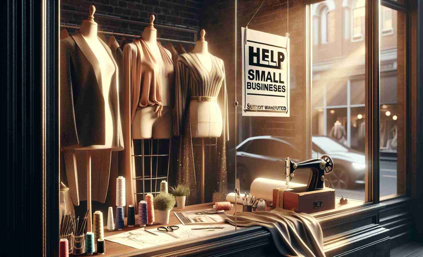 Create a high-definition, realistic photo capturing the urgency of support needed for small businesses in the fashion industry. The image could feature a closed boutique with 'help wanted' and 'support small businesses' signs prominently displayed in the window. Lay out a few stylish garments, designs and sketches, perhaps a sewing machine, fabric rolls, or other fashion industry tools scattered about in the background, to signify the fashion industry. The atmosphere should be determined but desperate, with soft lighting casting long, dramatic shadows.