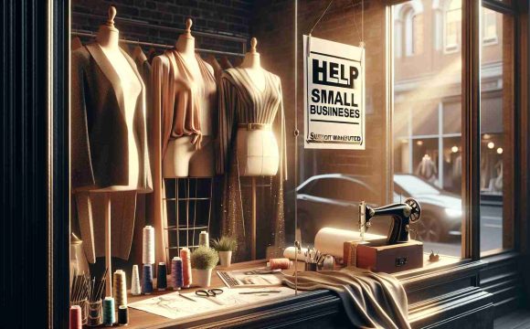 Create a high-definition, realistic photo capturing the urgency of support needed for small businesses in the fashion industry. The image could feature a closed boutique with 'help wanted' and 'support small businesses' signs prominently displayed in the window. Lay out a few stylish garments, designs and sketches, perhaps a sewing machine, fabric rolls, or other fashion industry tools scattered about in the background, to signify the fashion industry. The atmosphere should be determined but desperate, with soft lighting casting long, dramatic shadows.