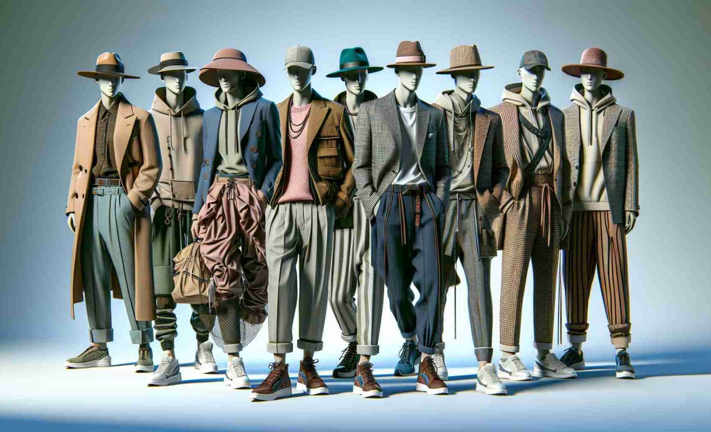 High definition realistic image showcasing innovative fashion designs in Puglia. These can span across different styles – from casual streetwear, elegant formal attire to avant-garde pieces. The scene should include a variety of garments such as dresses, suits, trousers, and accessories like hats and bags. The emphasis should be on recently introduced trends which demonstrate creativity and ingenuity within Puglia's fashion industry.