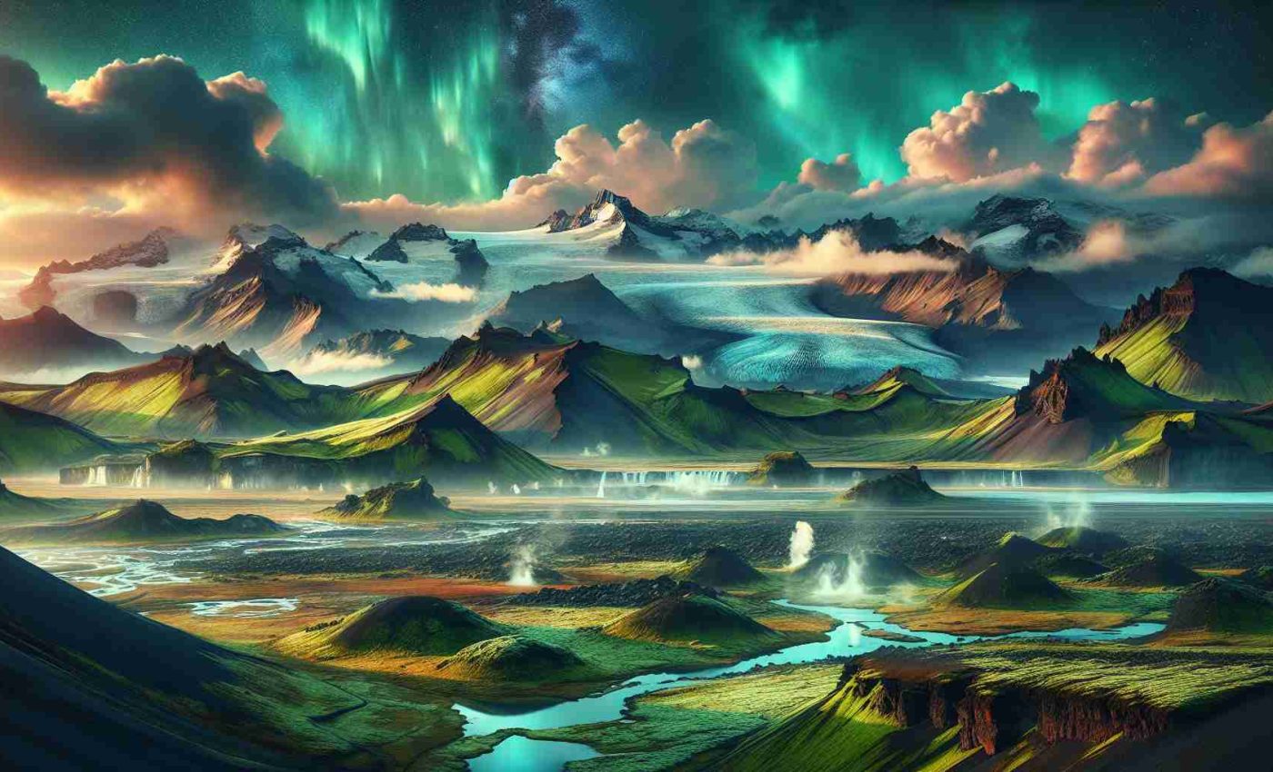 Generate a highly-detailed, photorealistic image capturing the themes of 'Exploring New Horizons' set against the backdrop of Icelandic landscapes. The image should encompass the vivid spectrum of the Icelandic scenery: The rugged mountains rising majestically from earth to sky, fields coated in a carpet of green beneath lingering low clouds, extensive lava fields studded with moss, geysers spouting steam, the ethereal dance of the northern lights, the ice-cathedrals of gigantic glaciers and pristine water bodies that reflect the idyllic beauty of the surroundings. This scene should depict the harmony between humankind's exploratory spirit and the raw, untamed beauty of nature.