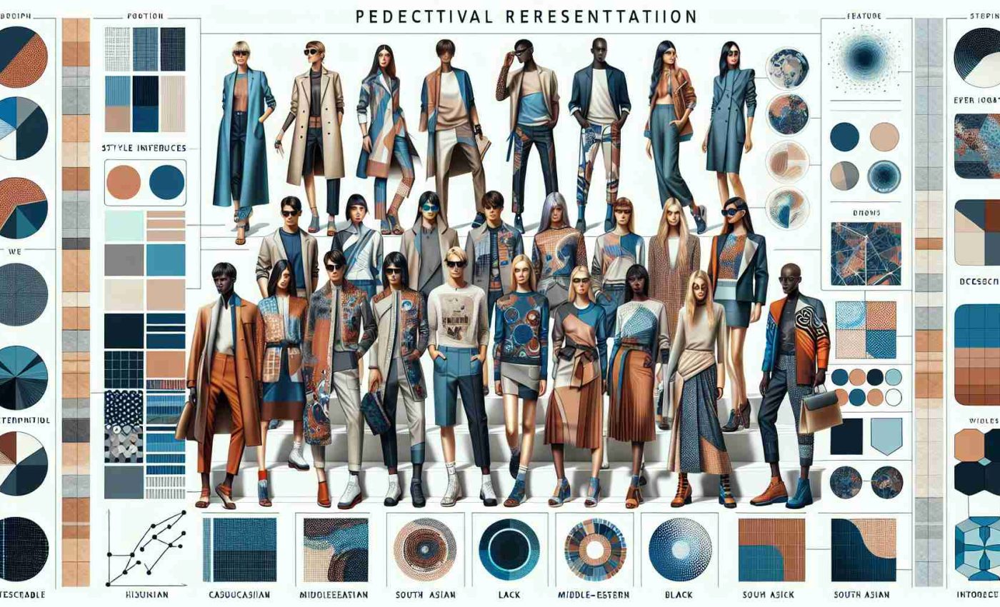 Generate a high-definition image showcasing the potential fashion trends of 2025. The image should represent contemporary style influences and forecasted trends in clothing, accessories, footwear, and color palettes. Features predictive elements such as fashion patterns, fabric materials, and designs that offer futuristic, sustainable, and innovative sartorial ideas. To set the scene, depict diverse representation with models of various genders and descents such as Caucasian, Hispanic, Middle-Eastern, South Asian, Black and more. Highlight the notion of wardrobe revamping with notable distinctions between the old and new styles.