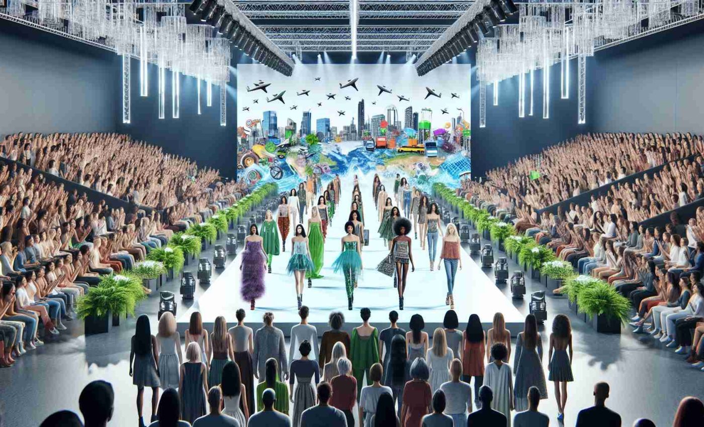 A high-definition, realistic depiction of a scene embodying the resurgence of sustainable fashion in the year 2025. Visualize a fashion show runway with models of diverse descents such as Caucasian, Black, Hispanic, Middle-Eastern, and South Asian presenting eco-friendly clothing. The attire should emphasize reuse, recycling, and environmental harmony. The runway is encircled by an enthusiastic audience made up of people of all genders and descents, encapsulating the spirit of sustainability and inclusiveness.