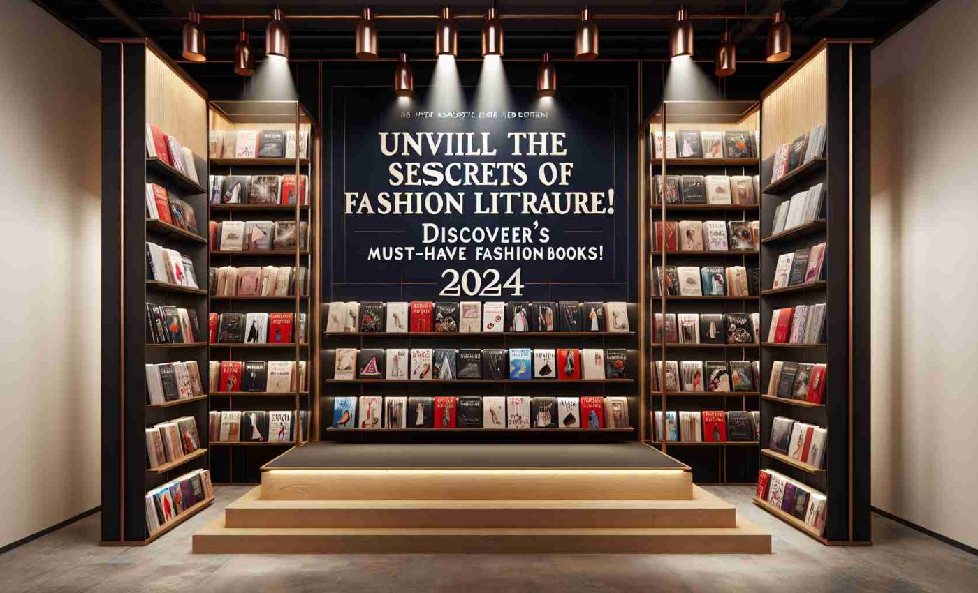 Create a hyper-realistic High Definition image of an exciting setting devoted to revealing the mysteries of fashion literature. It entails shelves full of must-have fashion books anticipated for 2024. There is a large banner above the shelves that reads 'Unveil the Secrets of Fashion Literature! Discover 2024’s Must-Have Fashion Books!'. The area is well-lit, with spotlights to enhance the emphasis on particular books, and filled with excitement and anticipation for the coming year's fashion secrets.