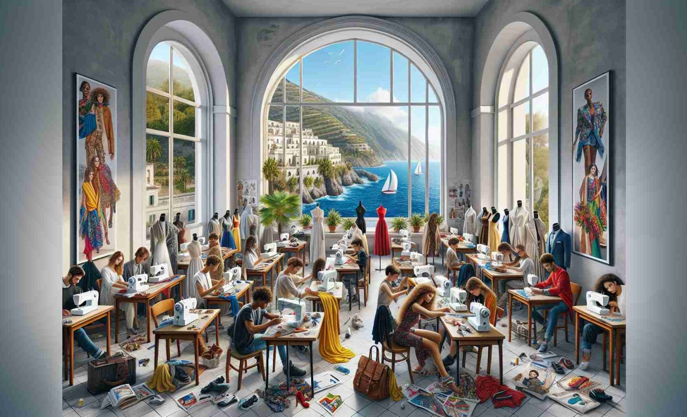 A marvellously detailed and realistic HD still life capturing the essence of revolutionizing fashion education. Picture in the center an ultra-modern classroom situated in Calabria, Italy. Set the scene with sewing machines, garment sketches, fashion magazines, and mannequins dressed in trendy fabrics. The students are of various genders and descents, including Caucasian, Hispanic, Black, Middle-Eastern, and South Asian, each engrossed in their individual projects. Their diverse fashion creations reflect the different cultures they represent. In the backdrop, catch sight of the picturesque Calabrian coastline viewed from a window.