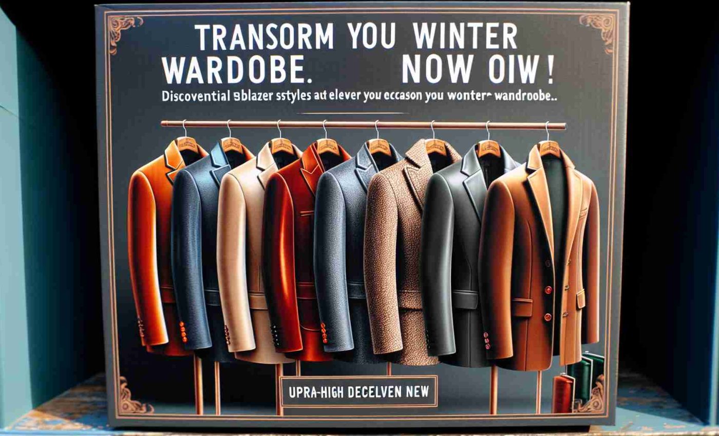 An ultra-high definition depiction of various winter blazer styles portrayed on a clothing rack. The blazers range from tailored, smooth velvets to more casual wool blends. Some are adorned with classic tortoiseshell buttons, others showcase a more modern minimalist aesthetic. The packaging suggests urgency with the phrase 'Transform Your Winter Wardrobe Now!'. Perfect for discovering essential blazer styles to elevate any winter attire.