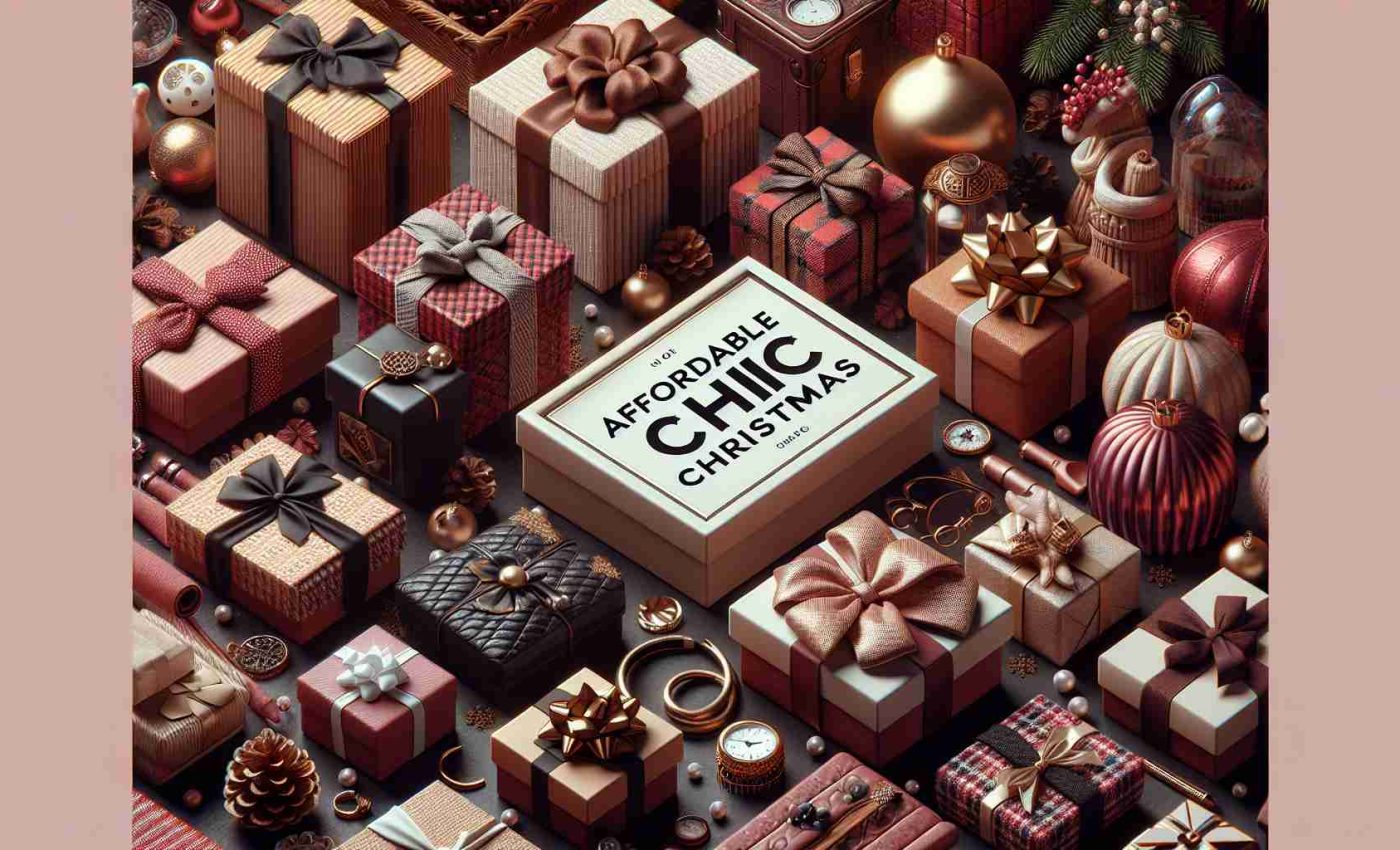 A realistic and high-definition image showcasing a plethora of affordable chic Christmas gifts. The scene embodies the holiday spirit with a variety of trendy yet wallet-friendly presents neatly arranged to present an abundance of options without breaking the bank. The thoughtfully chosen items should reflect a balance between style and affordability, painting a picture of a frugal yet fashionable Christmas.