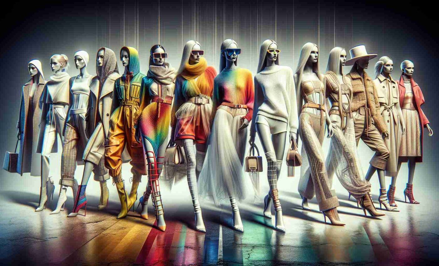 A high-definition, realistic image representing the predicted trends for the 2024 fashion scene. This should include vivid showcases of cutting-edge clothing styles, accessories, and color schemes that are expected to dominate the forthcoming year. It should convey the innovative spirit and creativity of the unseen fashion pioneers currently shaping these trends.