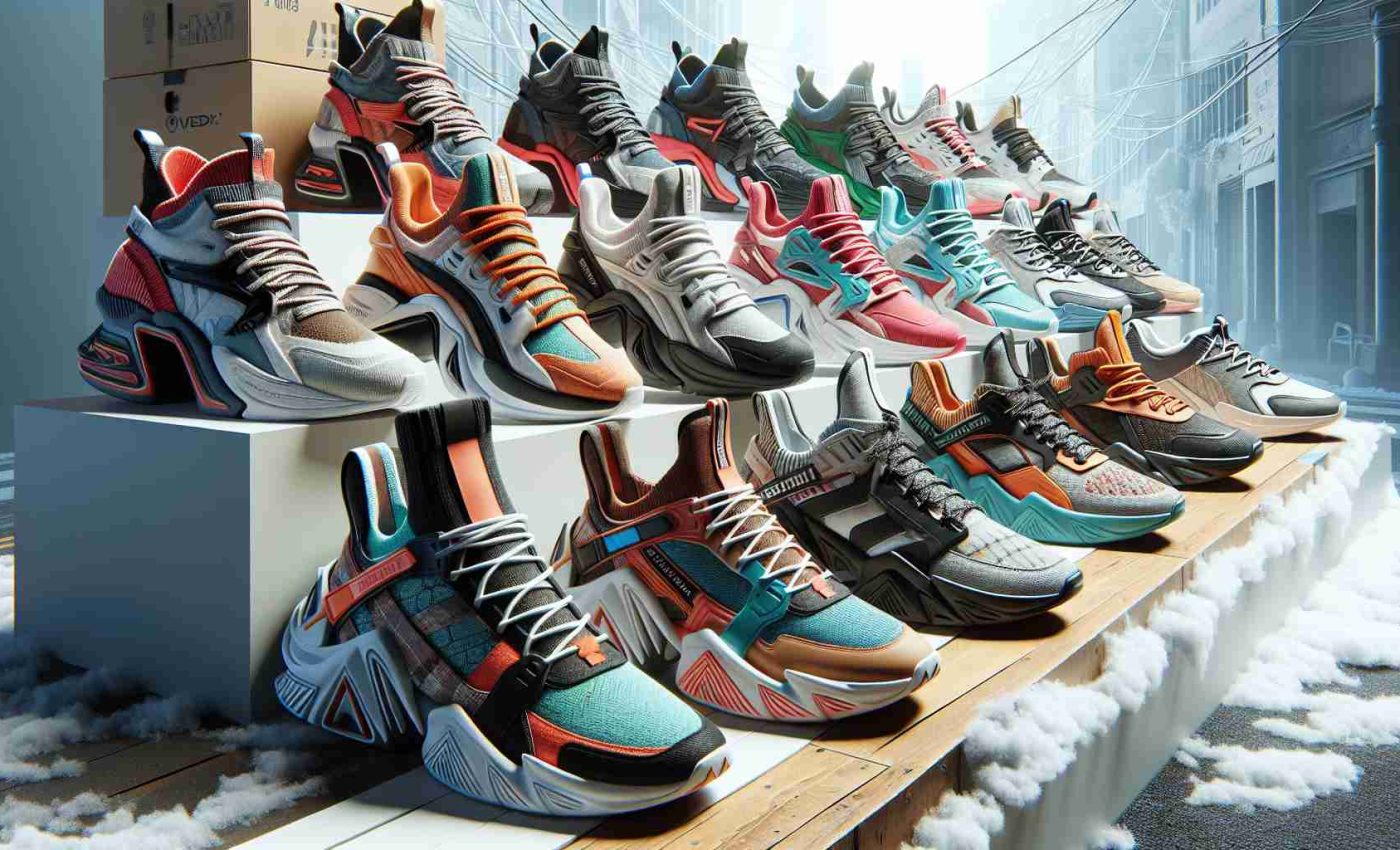 Generate a realistic, high-definition image showcasing a collection of must-have sneakers for the winter season of 2025. The sneakers are cutting-edge, featuring the latest styles and trends. They are lined up, showcasing a large variety of vibrant colors and intricate designs, produced with materials ideal for the cold and icy conditions of winter. The photo includes a sample of sports, casual, and running shoes, designed for both men and women of different descents, including Caucasian, Hispanic, Black, Middle-Eastern, and South Asian. The background is a trendy, minimalist urban environment with a hint of snow.